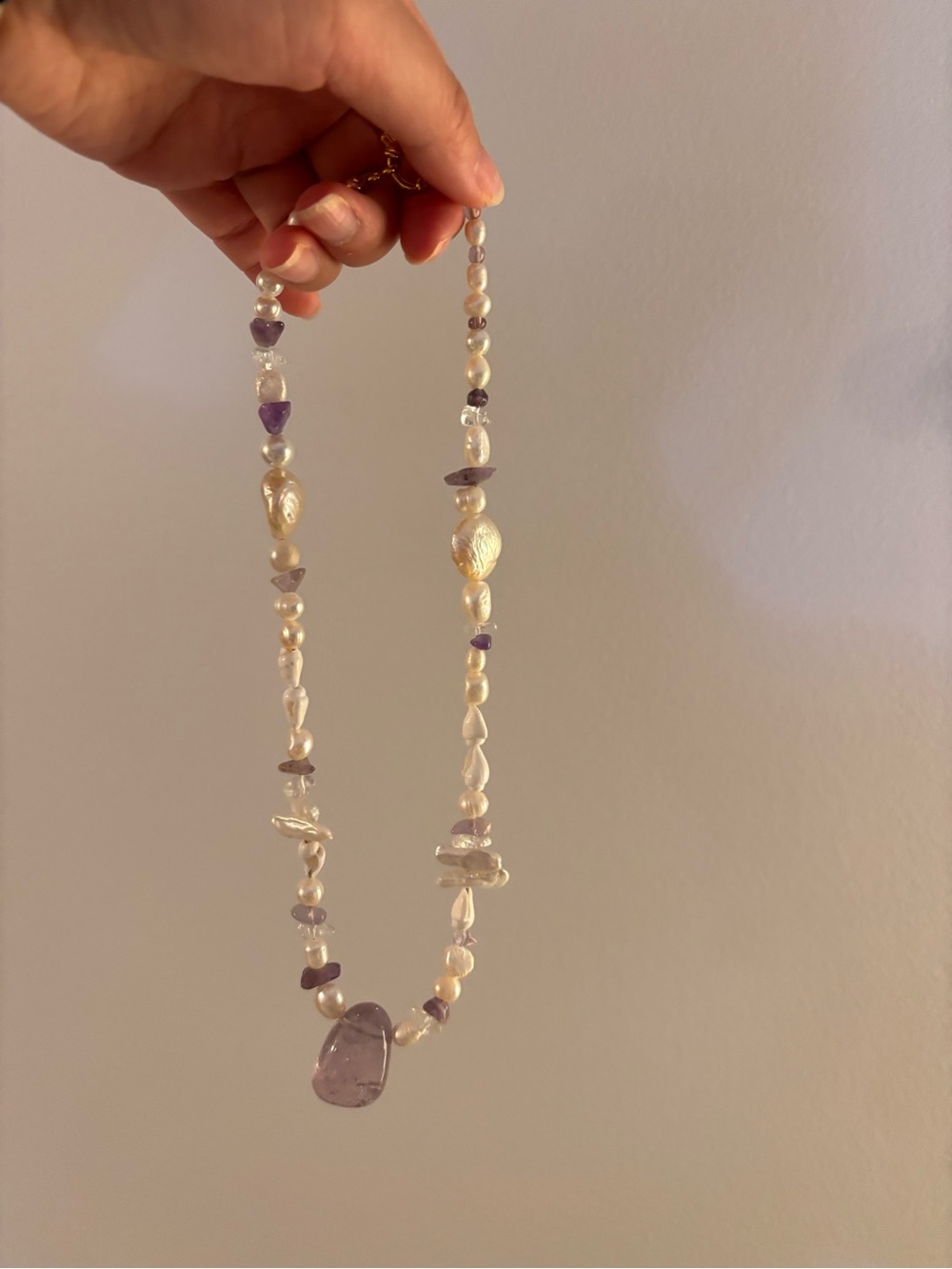 Handcrafted Pearl and Amethyst Bead Necklace - Lilac and Pearl